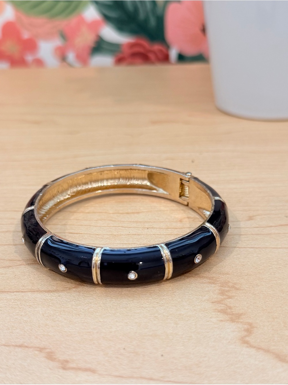 J. Crew Gold-Tone Black Enamel Bangle Bracelet with Crystal Accents